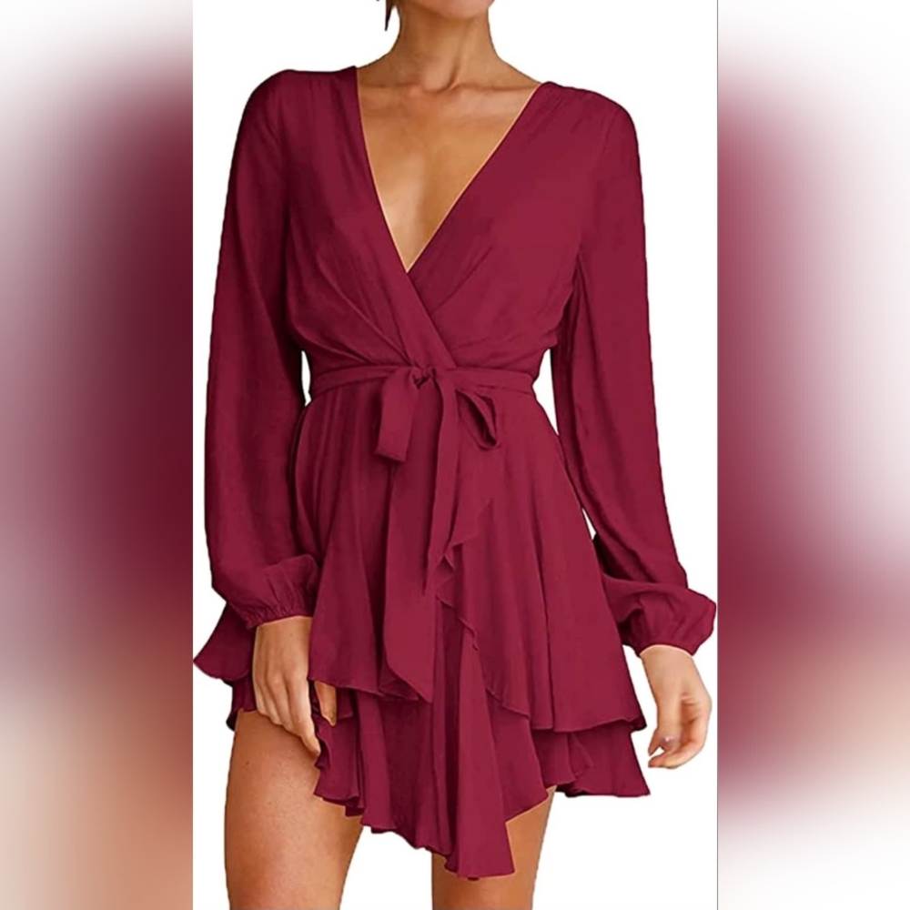 Burgundy Deep V-Neck Long Sleeve Ruffle Tie Waist Swing Mini Dress Size S